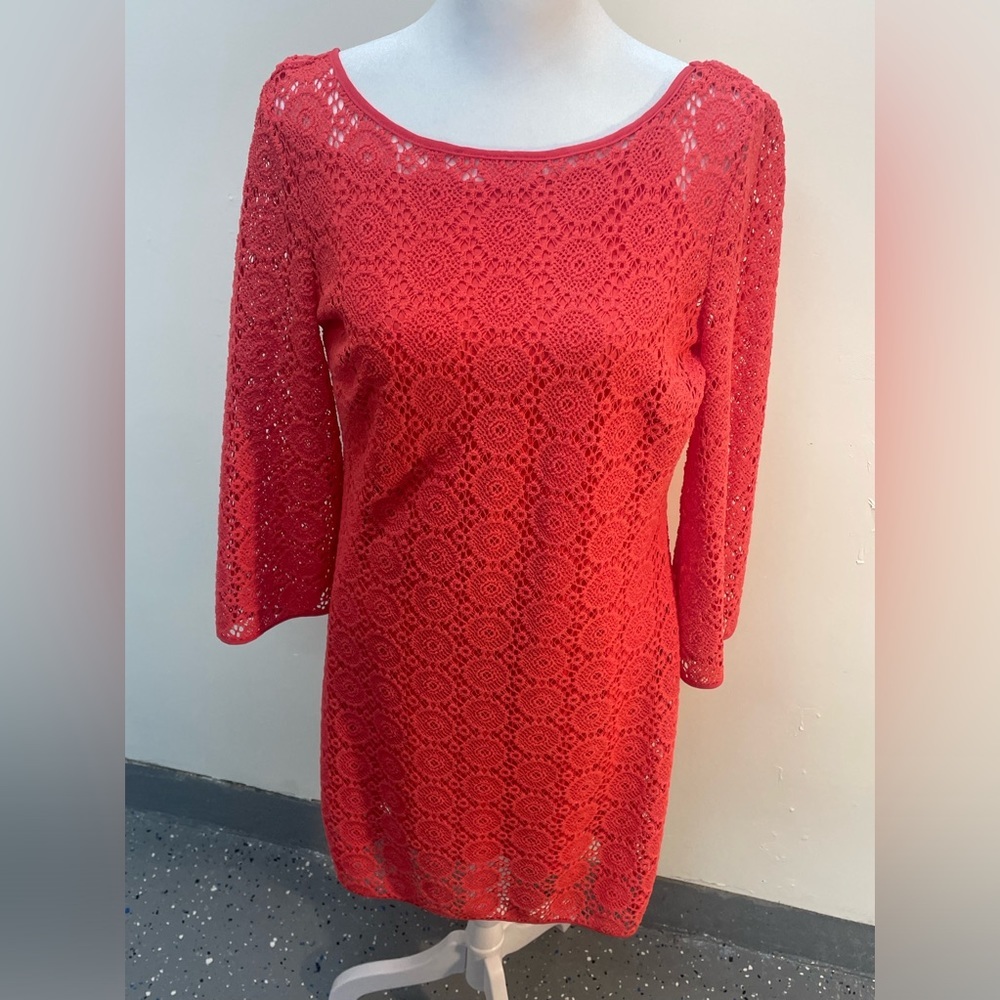 Lilly Pulitzer Pink Red Coral Circle Lace Overlay Slip Dress Bell Sleeves Size M